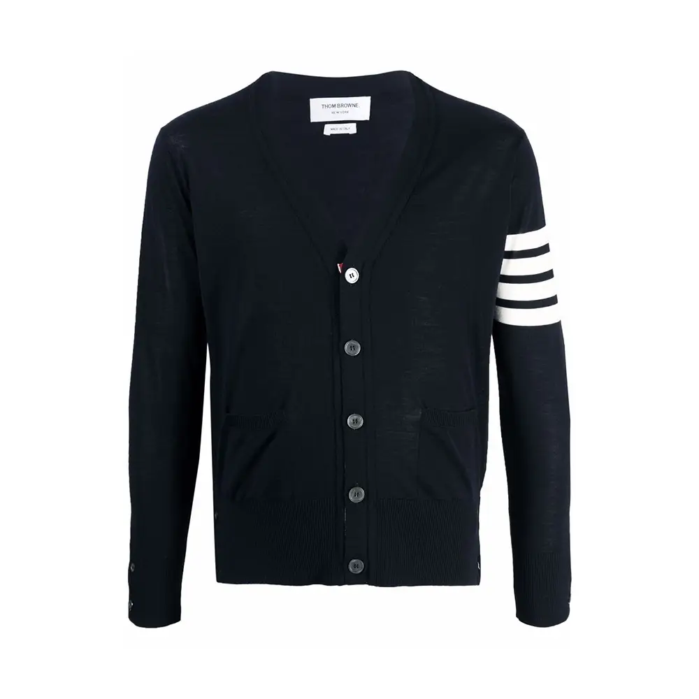Thom Browne Fine Merino Wool V-Neck 4-Bar Cardigan Navy –