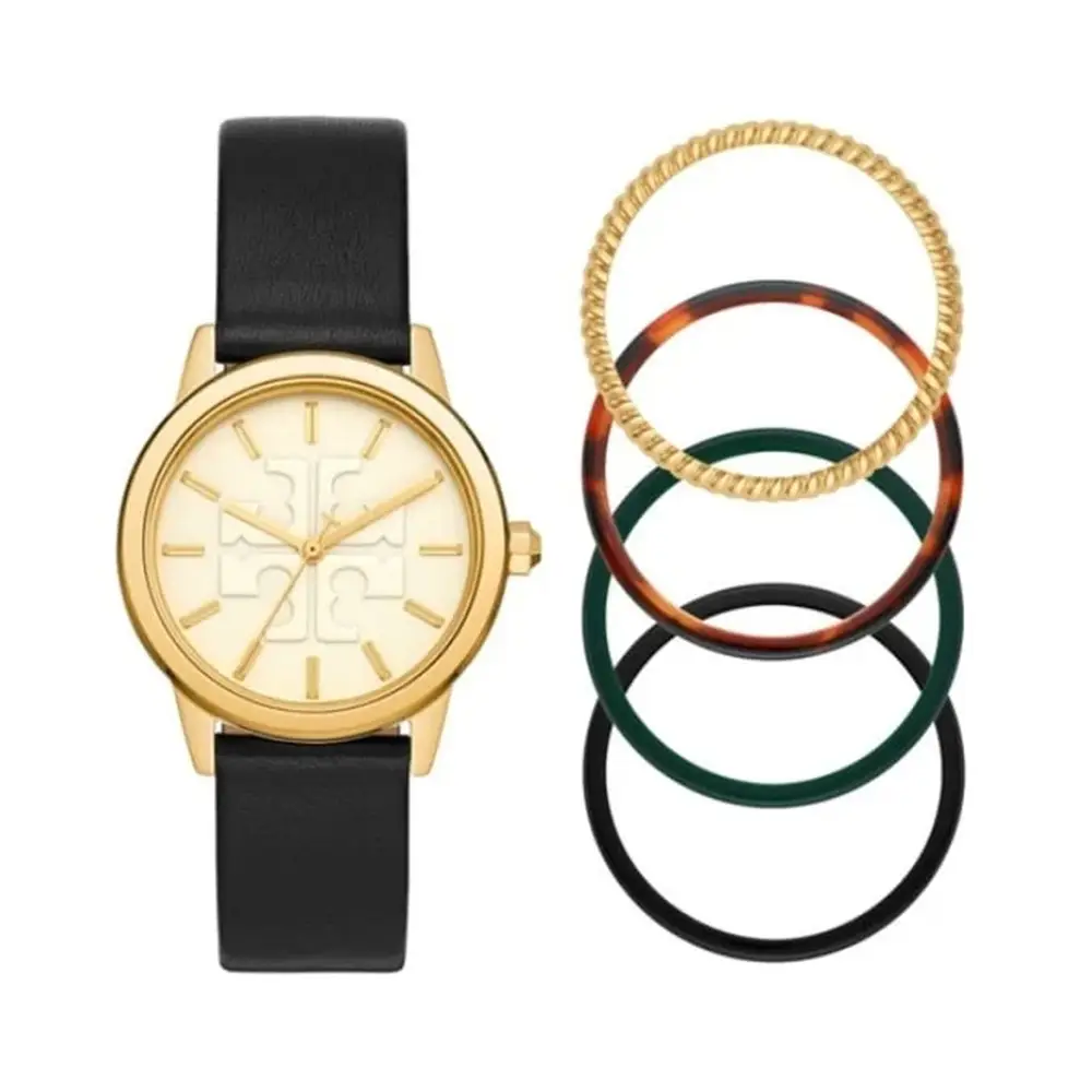 Tory Burch Gigi 36mm Leather Watch Black with Ring Set  display picture 1