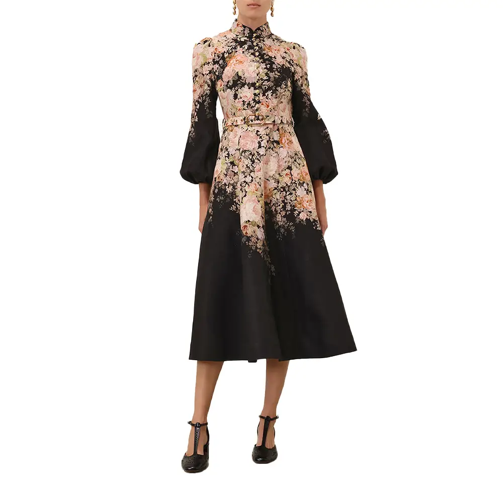 Zimmermann Illustration Rococo Floral Buttoned Midi Dress Black