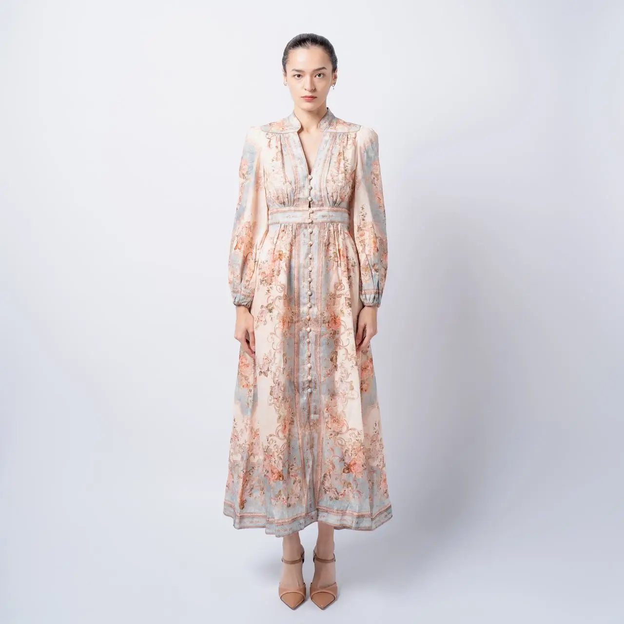 Zimmermann August Plunge Midi Dress Sky Blue Floral  voil.id