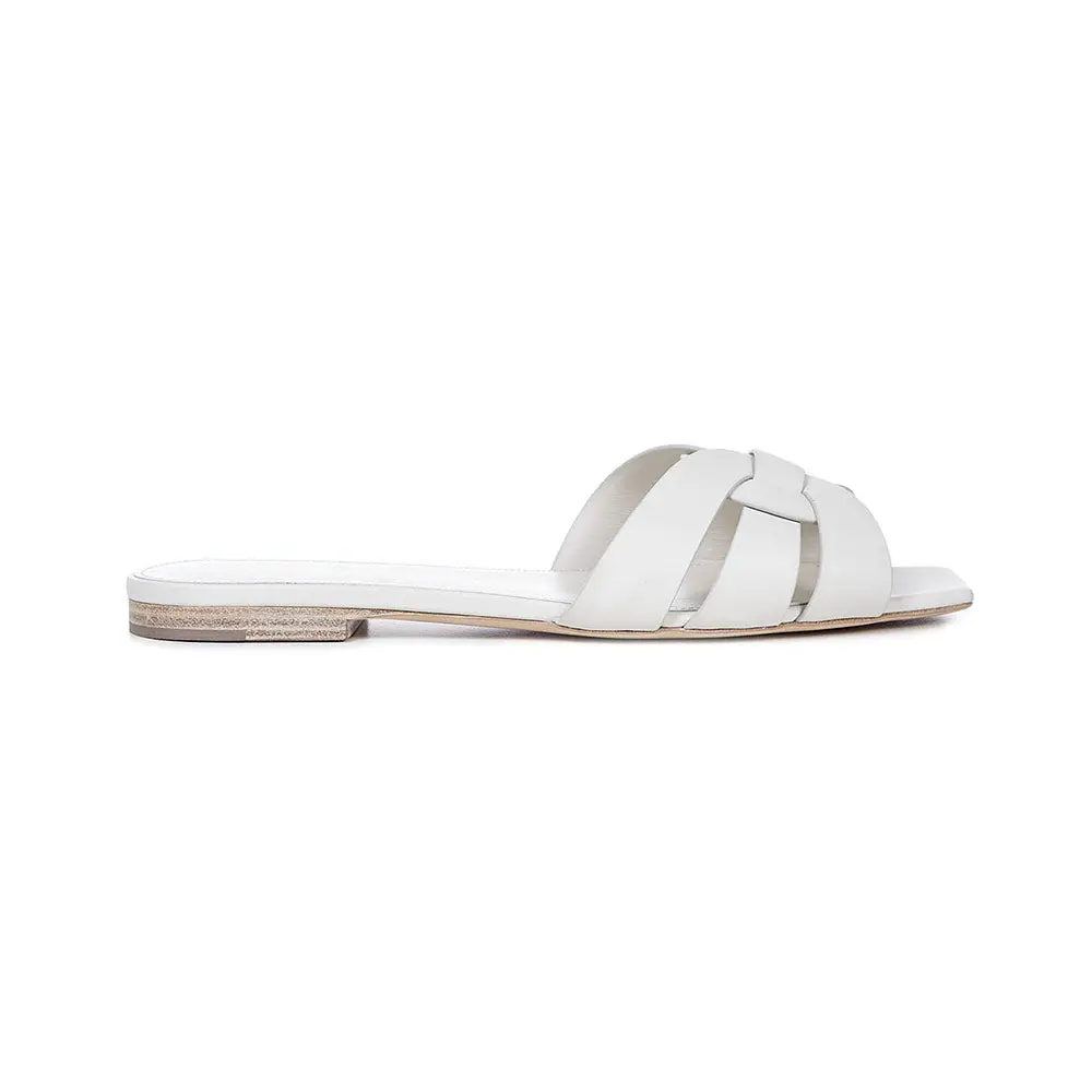 Saint Laurent Tribute Smooth Leather Flat Mules White – voilà.id