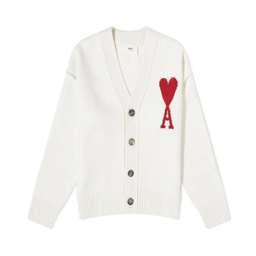 AMI Paris Red Ami De Coeur Felted Merino Wool Cardigan Off