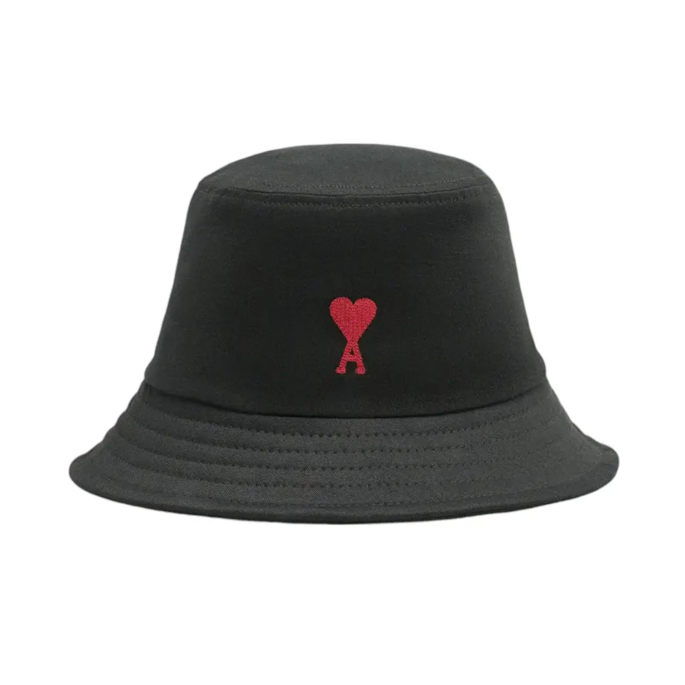 AMI Paris Red Ami De Coeur Embroidery Bucket Hat Black