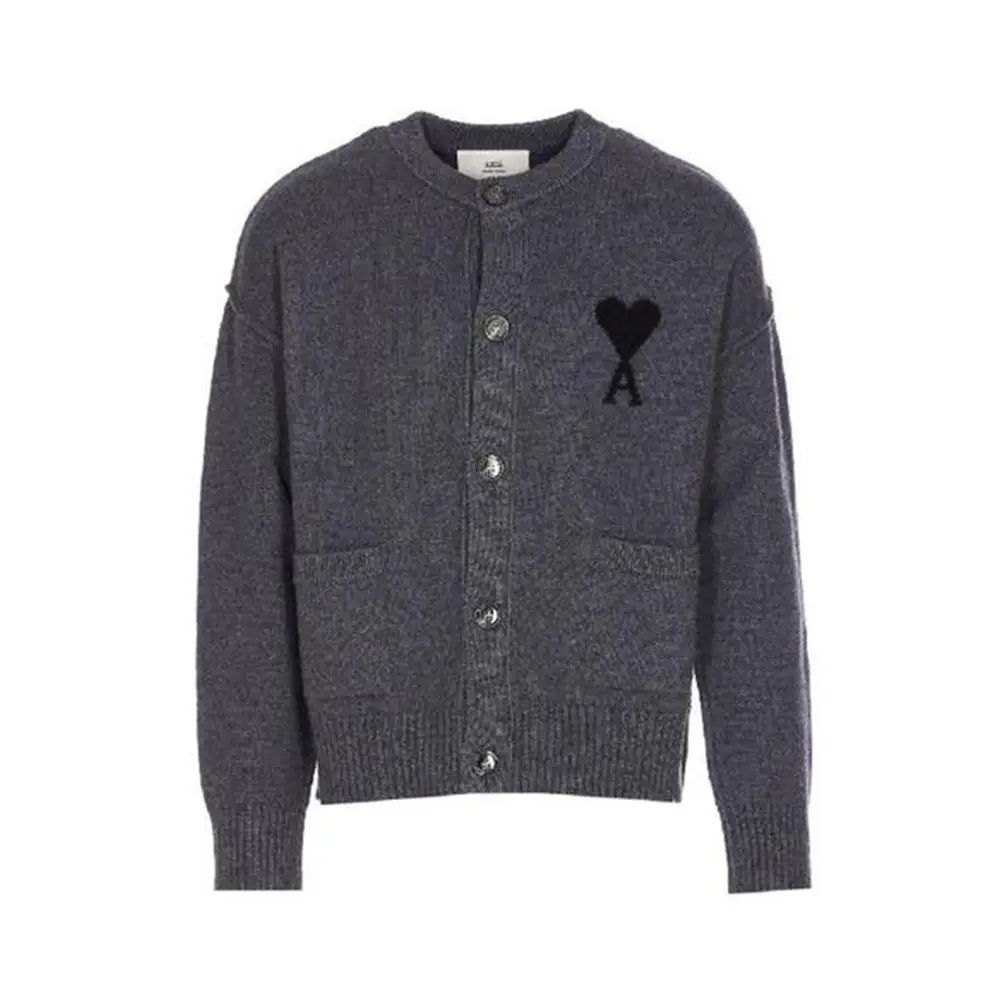 AMI Paris Off White Ami De Coeur Cloudy Wool Cardigan Dark Grey