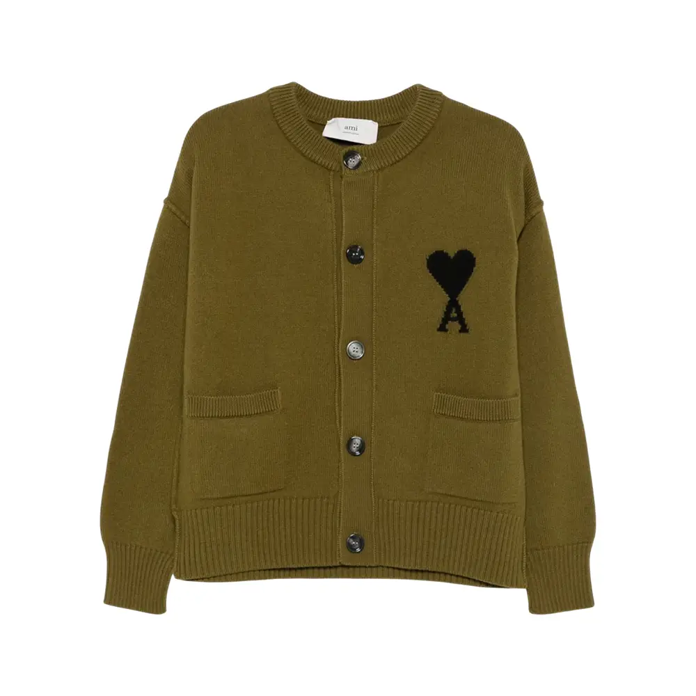 AMI Paris Off White Ami De Coeur Cloudy Wool Cardigan Dark Grey