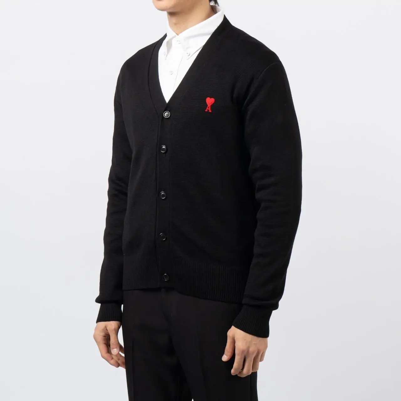 ★AMI PARIS★ Red Heart Logo Merino Wool Cardigan Black BFFK Black Red Ami De Coeur Cardigan | AMI PARIS