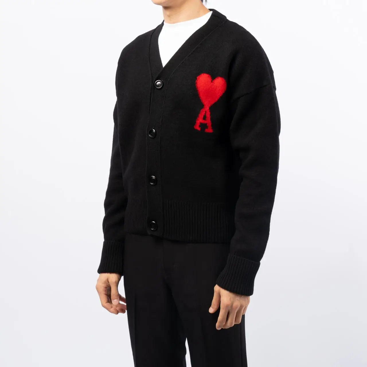★AMI PARIS★ Red Heart Logo Merino Wool Cardigan Black BFFK AMI PARIS - BLACK AMI DE COEUR WOOL CARDIGAN – LE LABO STORE