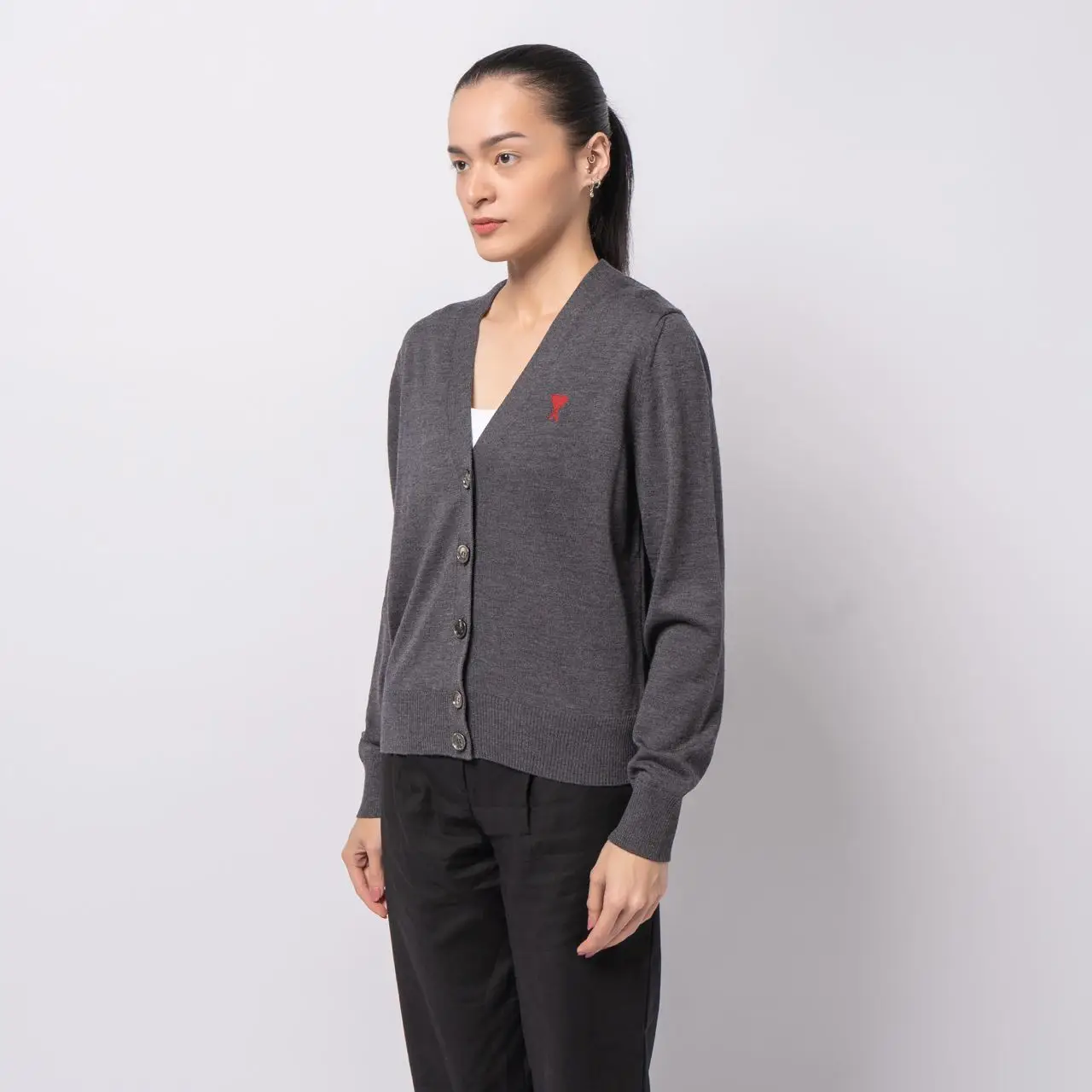 AMI Paris Red Ami De Coeur V-Neck Wool Cardigan Heather Grey AMI Paris Red Ami De Coeur V-Neck Wool Cardigan Heather Grey