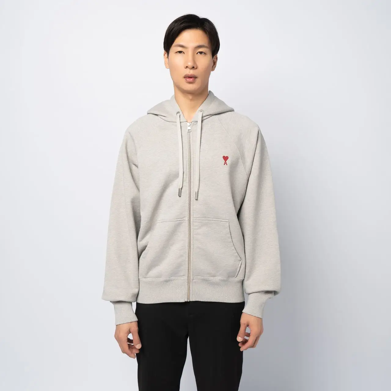 AMI Paris Red Ami De Coeur Mini Logo Zipped Hoodie Grey