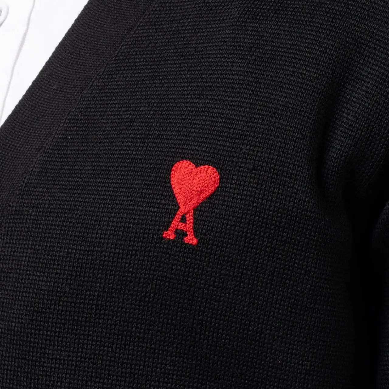 ★AMI PARIS★ Red Heart Logo Merino Wool Cardigan Black BFFK Black Red Ami De Coeur Cardigan | AMI PARIS