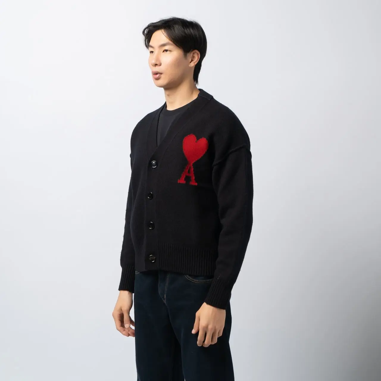 AMI Paris Red Ami De Coeur Felted Merino Wool Cardigan Black