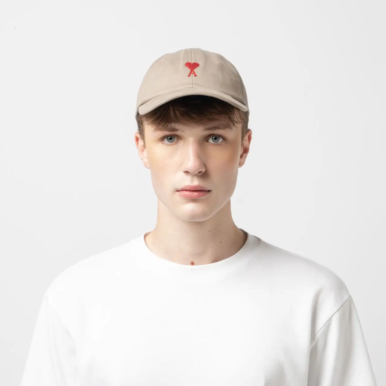 AMI Paris Red Ami De Coeur Embroidery Cap Light Taupe – voilà.id