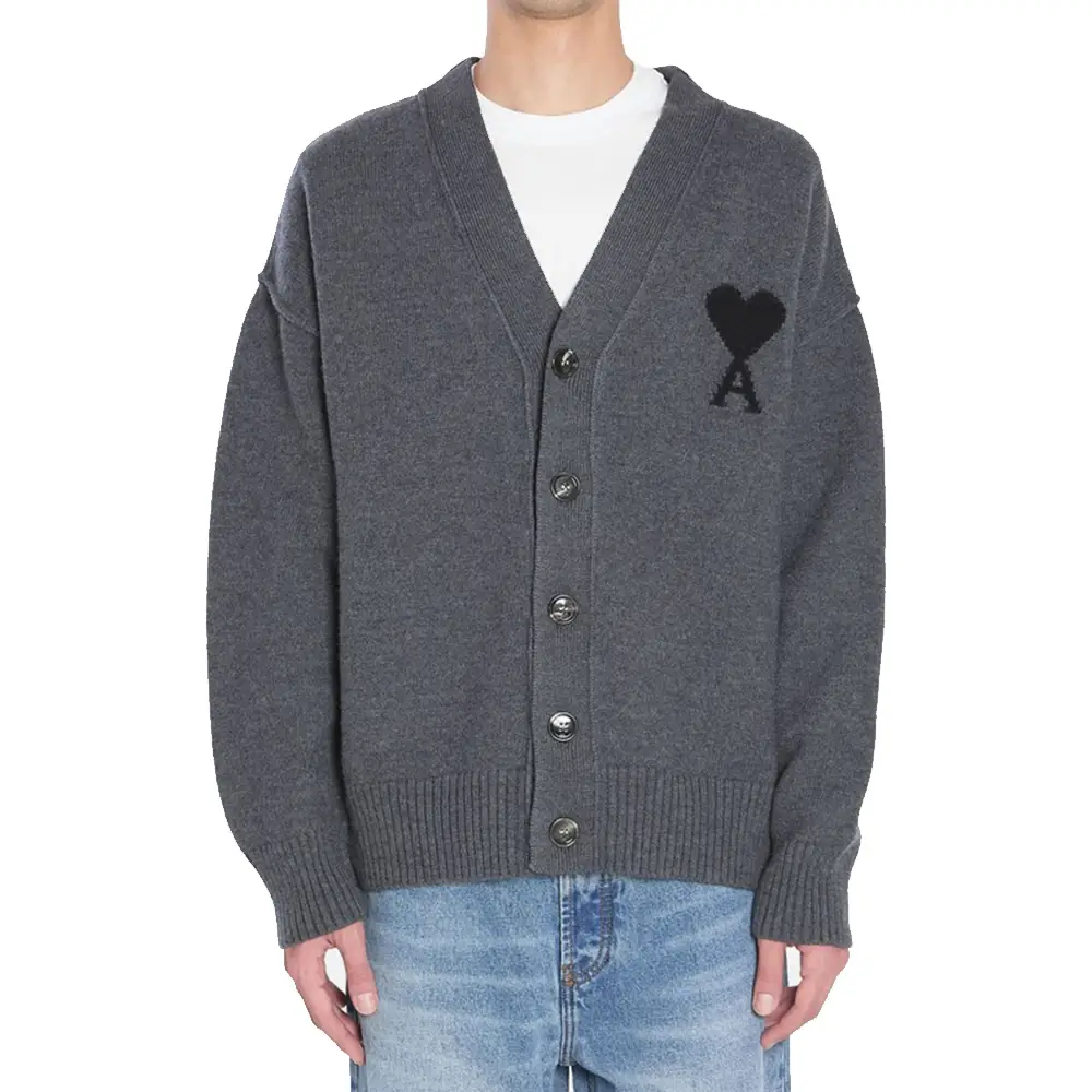 AMI Paris Black De Coeur V-Neck Cardigan Grey – voilà.id
