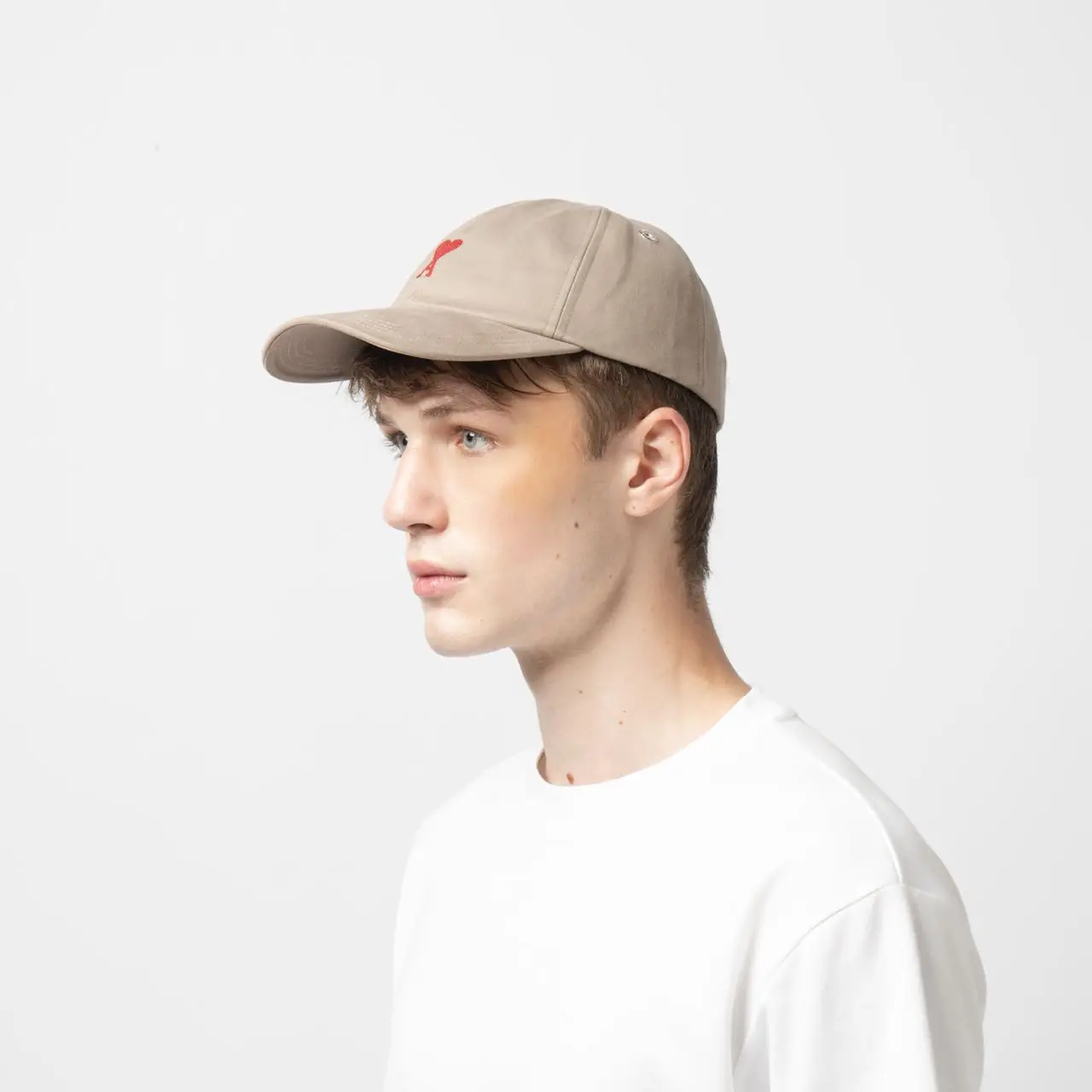 AMI Paris Red Ami De Coeur Embroidery Cap Light Taupe – voilà.id