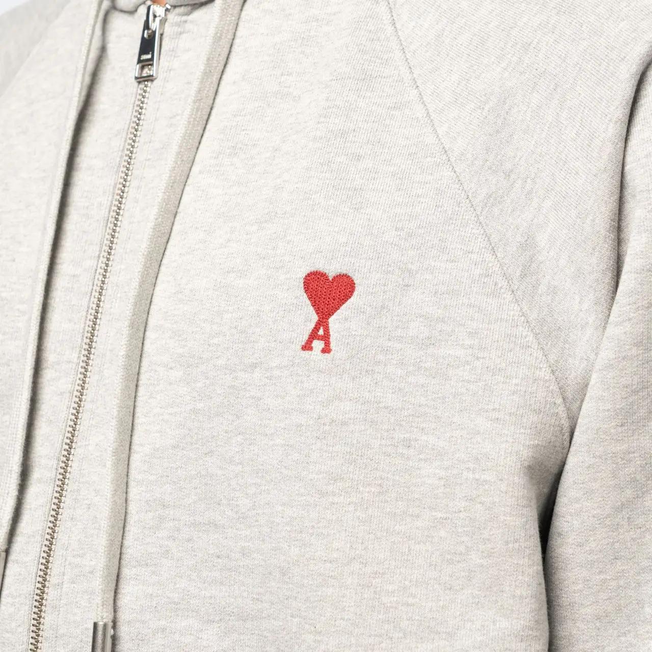 AMI Paris Red Ami De Coeur Mini Logo Zipped Hoodie Grey