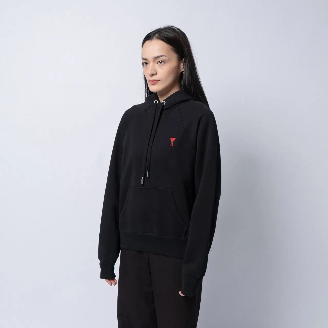 AMI Paris Red Ami De Coeur Heavy Loopback Hoodie Black