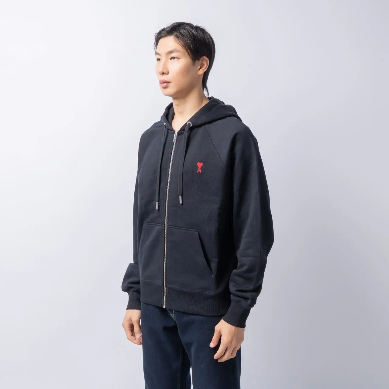 AMI Paris Red Ami De Coeur Mini Logo Zipped Hoodie Black