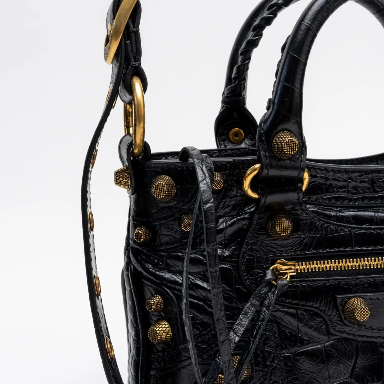 Balenciaga Neo Cagole Small Croco Embossed Handbag Black Ghw