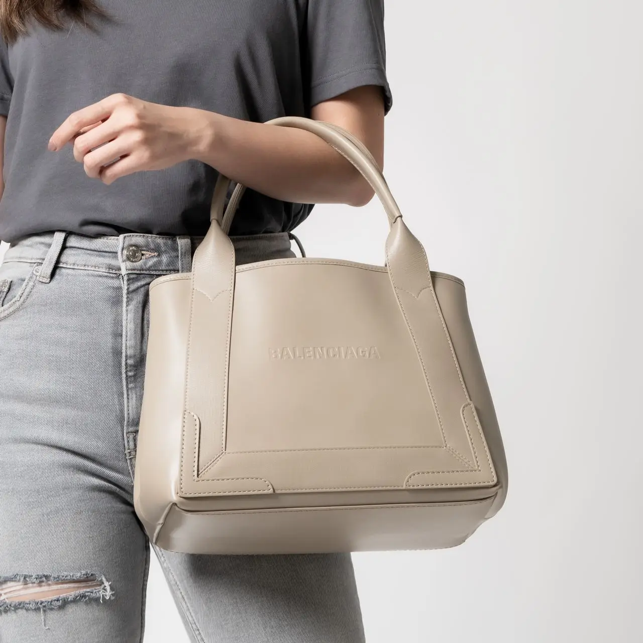Balenciaga Navy Small Cabas Handbag Smooth Leather Cappuccino