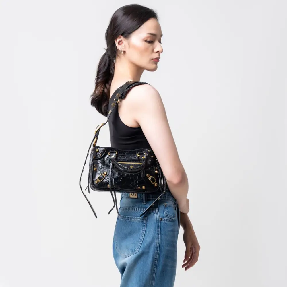 Balenciaga Neo Cagole Small Croco Embossed Handbag Black Ghw