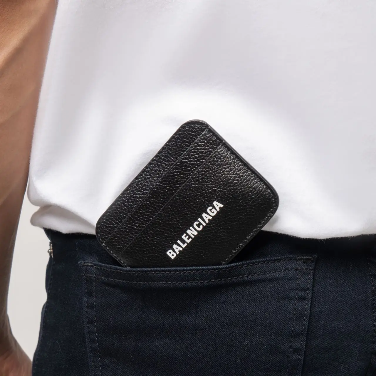 Balenciaga Logo Print Cash Card Holder Grained Leather Black