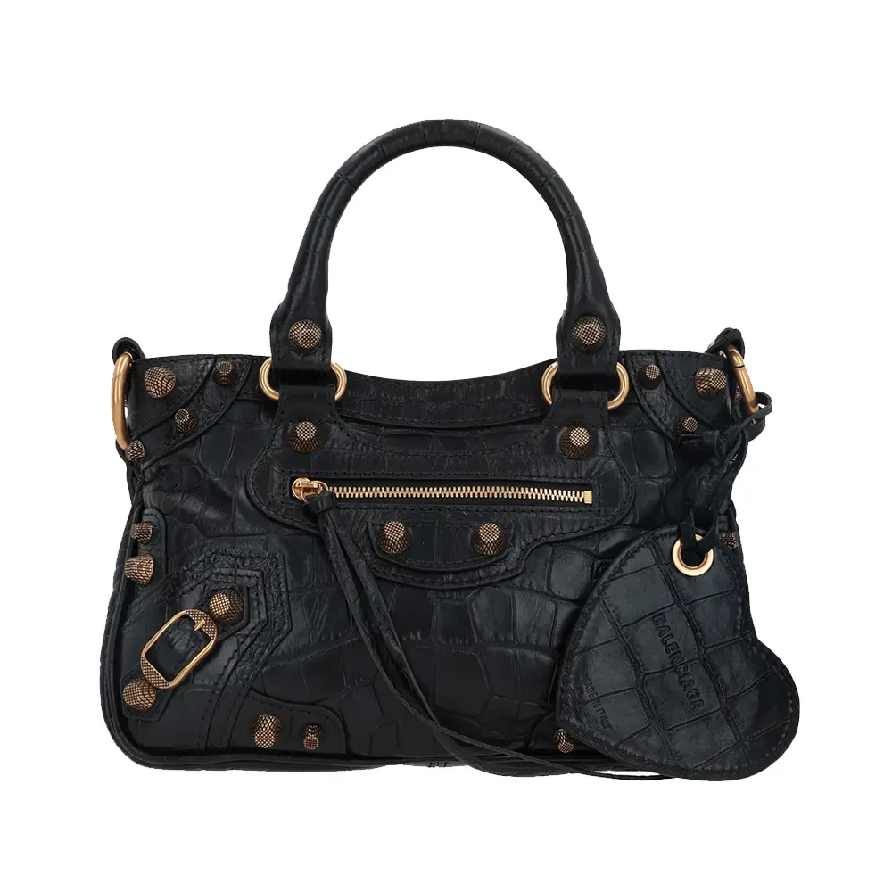 Balenciaga Neo Cagole Small Croco Embossed Handbag Black Ghw