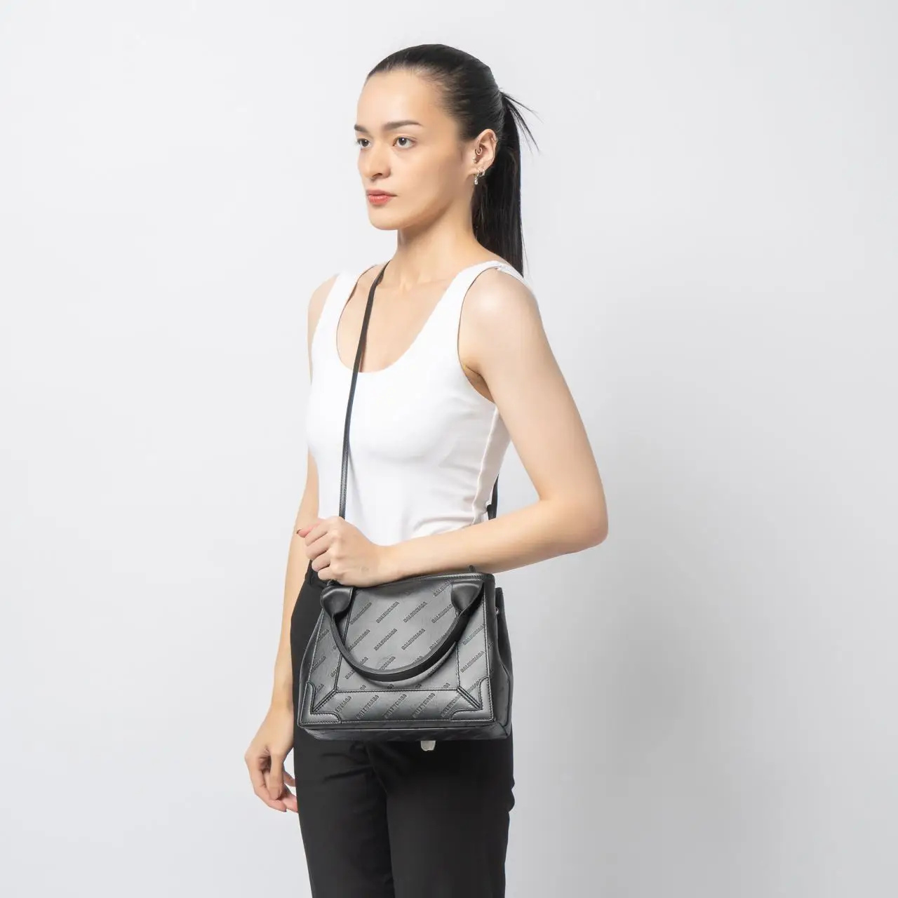 Balenciaga Navy XS Cabas Handbag Embossed Logo Jacquard