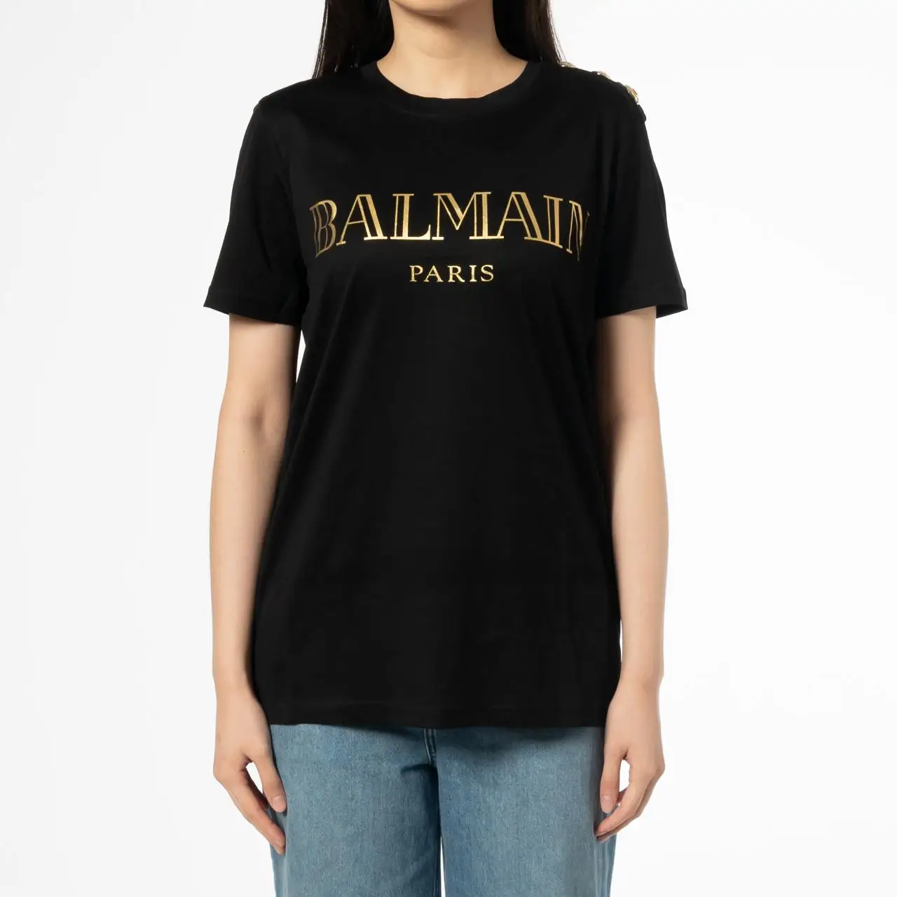 Balmain Flock Coin Gold Vintage Logo T-Shirt Black Ghw Women