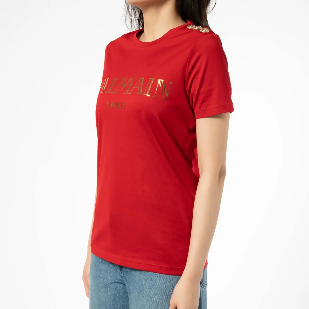 Balmain Flock Coin Gold Vintage Logo T-Shirt Red Ghw Women