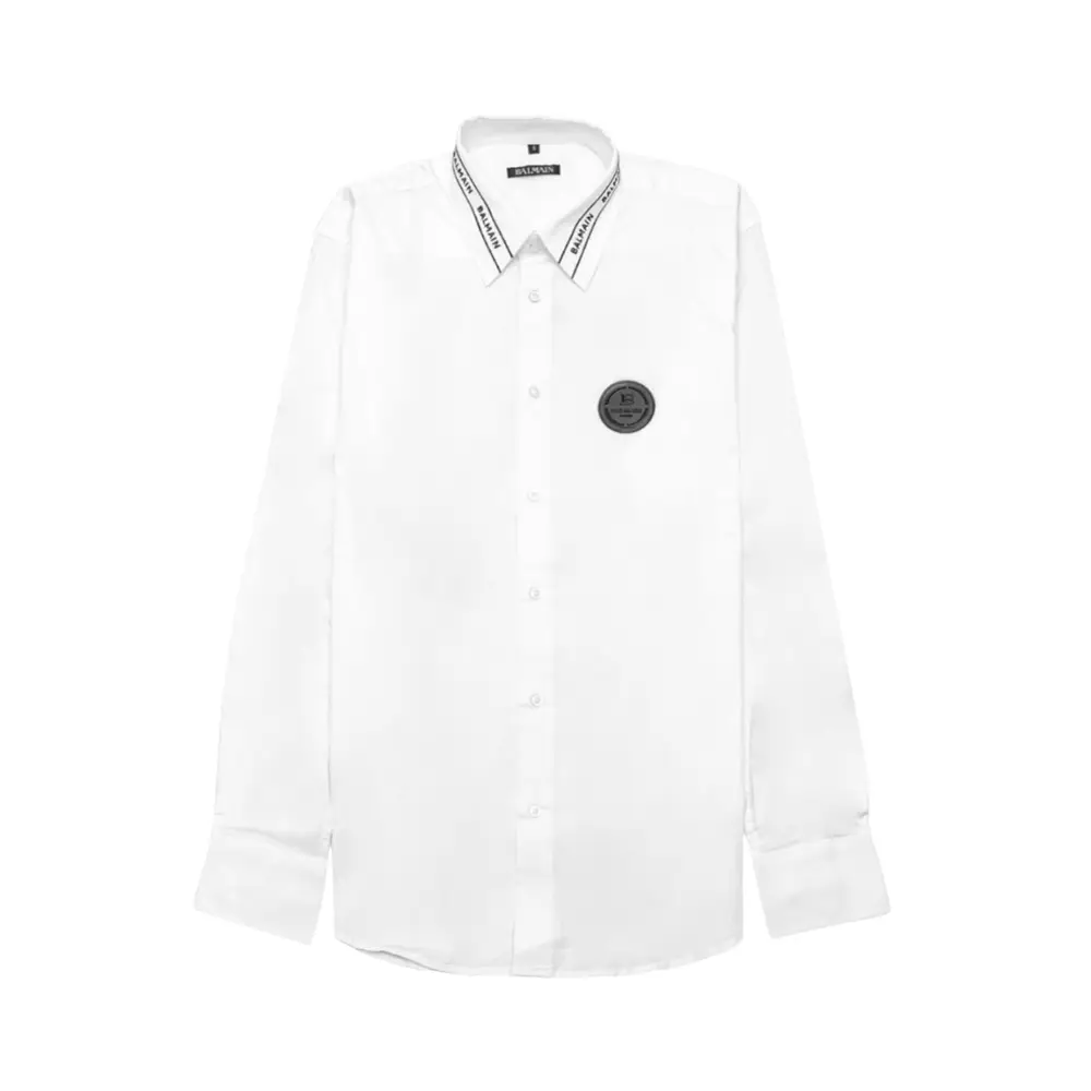 Balmain B Paris Logo Embossed Colar Long Sleeved Shirt White