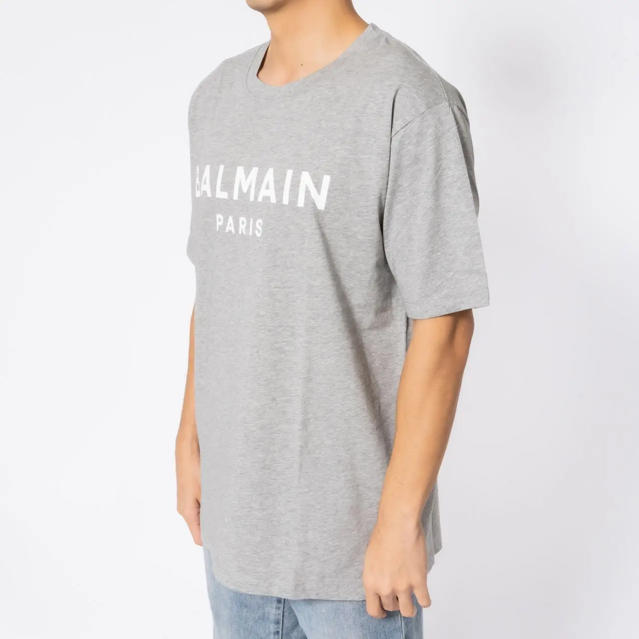 Balmain Logo Print Straight Fit T-Shirt Grey White Men