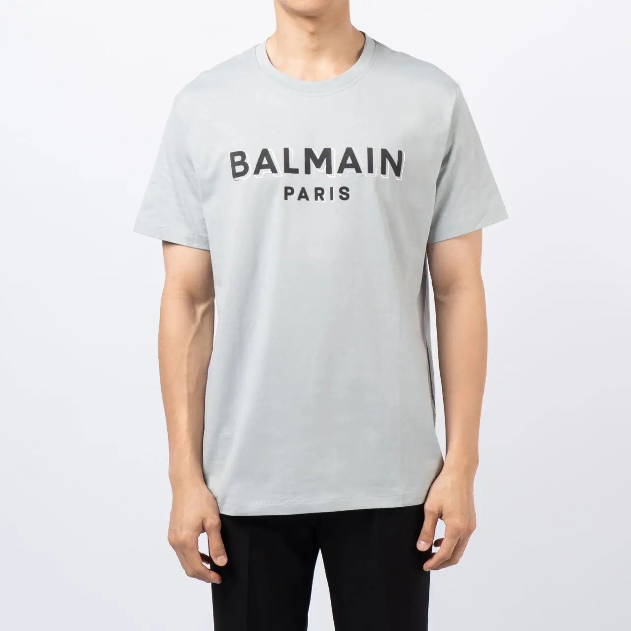 Balmain Textured Silver Logo Shadow T-Shirt Light Grey Men
