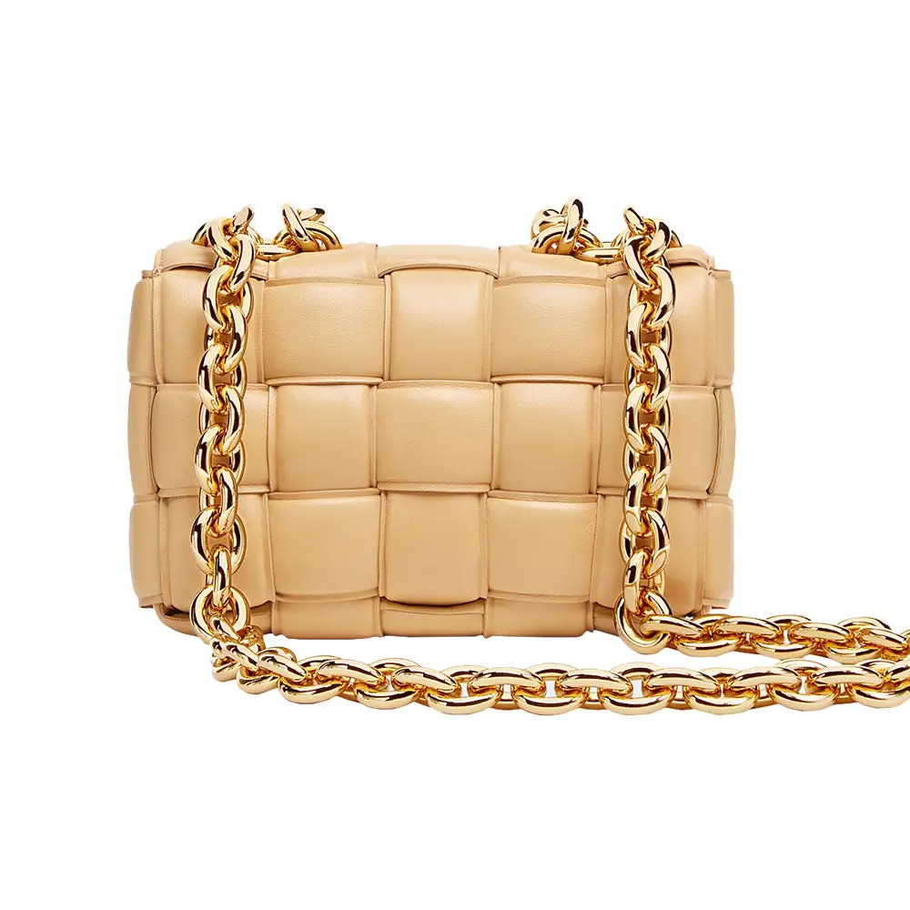 【BOTTEGA VENETA】Lambskin Leather Cassette Bag Almond Bottega Veneta - Cassette Almond Padded Woven Leather Bag