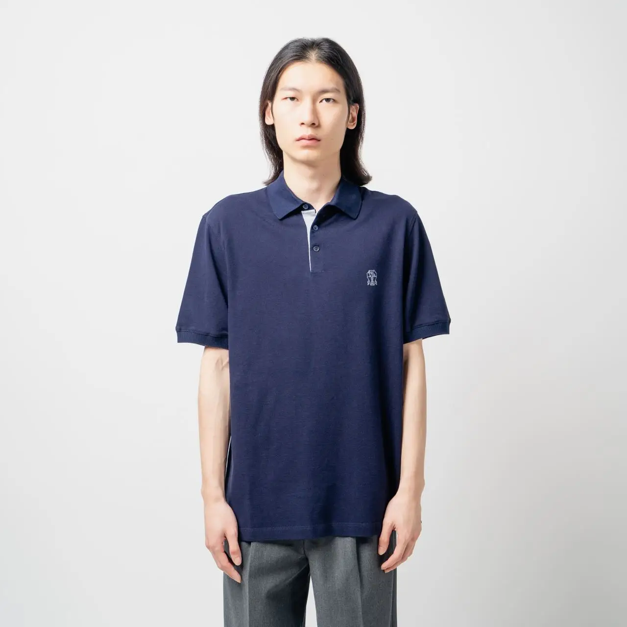 Brunello Cucinelli Logo Print Piqué Cotton Polo Shirt Navy