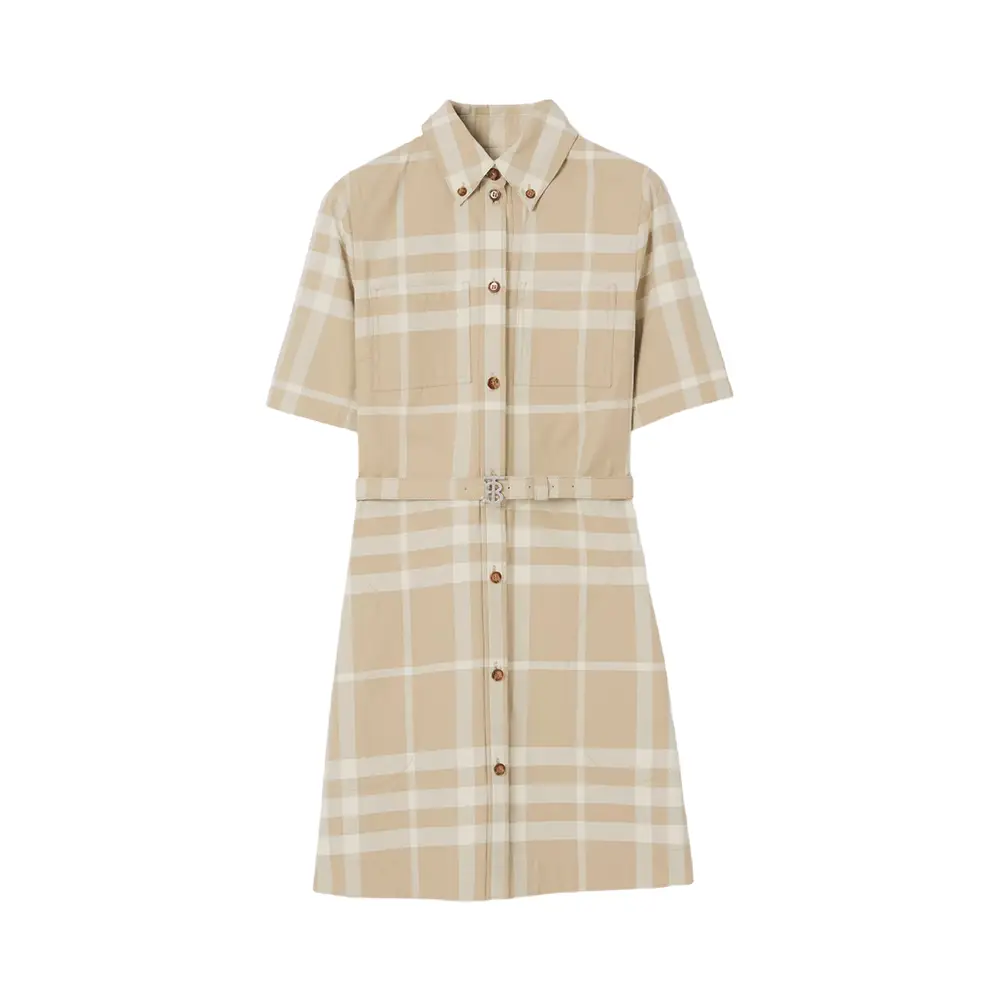Burberry Check Cotton Gabardine Shirt Dress Soft Fawn with