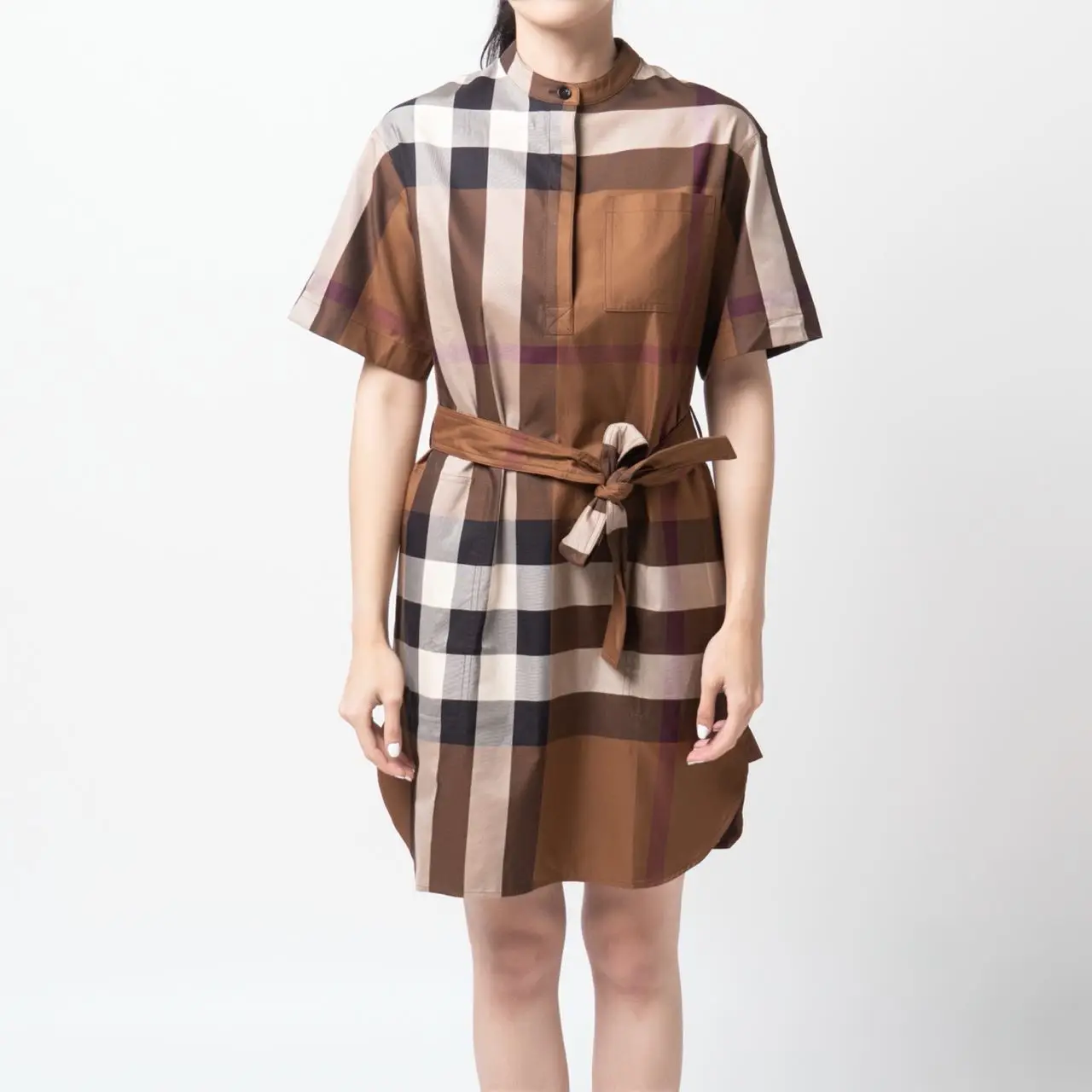 Burberry Check Cotton Tie-Waist Short Sleeve Shirt Dress Dark