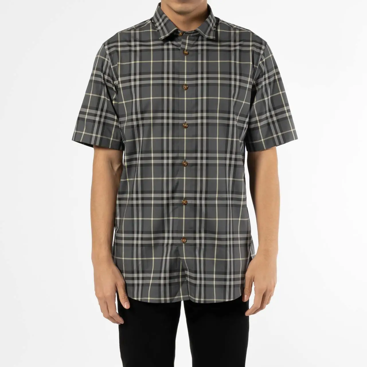 Burberry Check Poplin Short Sleeve Shirt Seal Grey – voilà.id