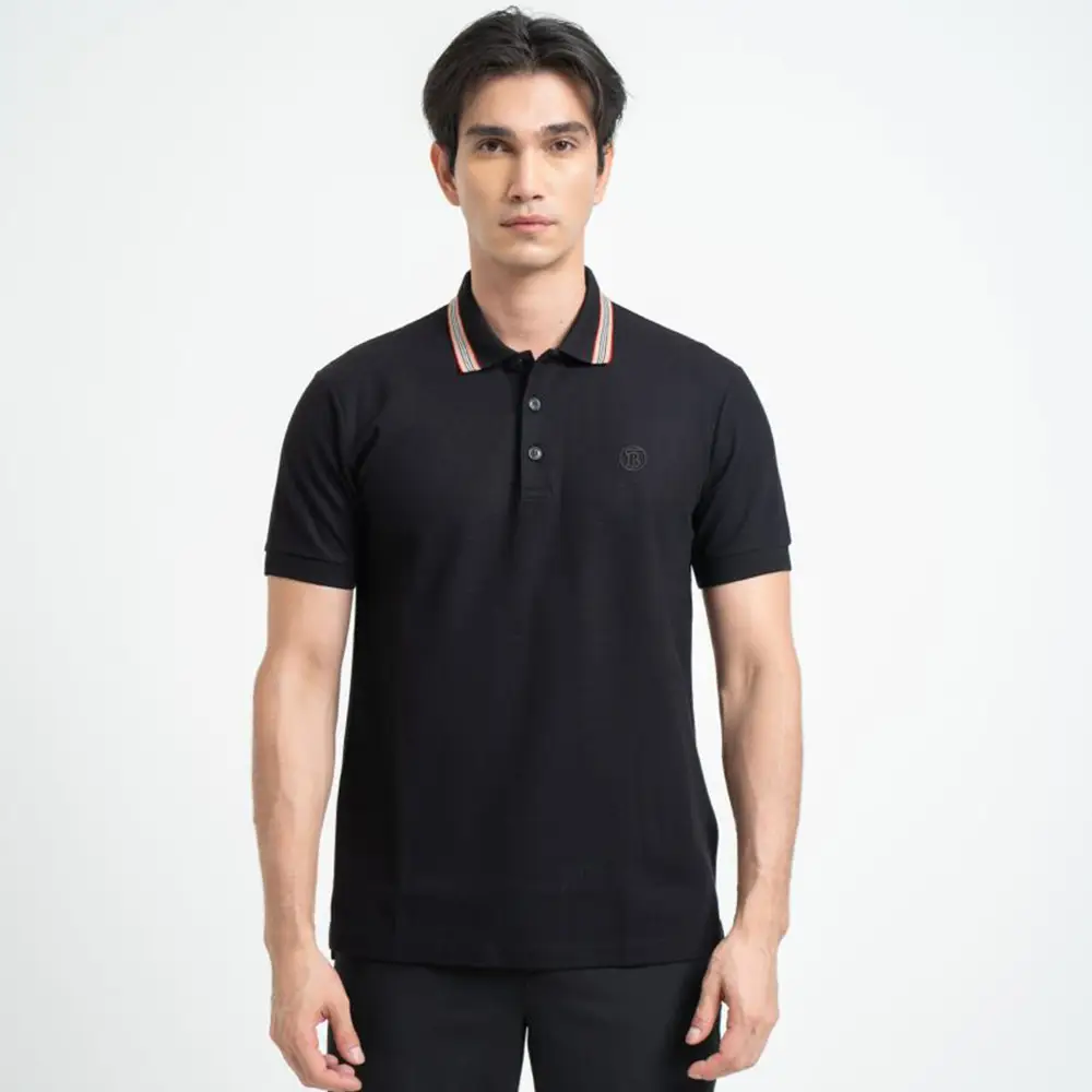 Burberry Icon Stripe Collar Cotton Piqué Polo Shirt Black – voilà.id