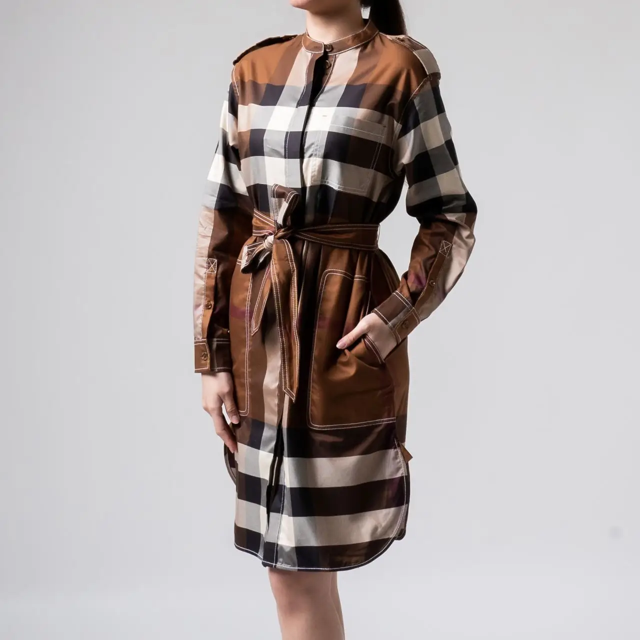 Burberry Exaggerated Check Cotton Tie-Waist Shirt Dress Dark