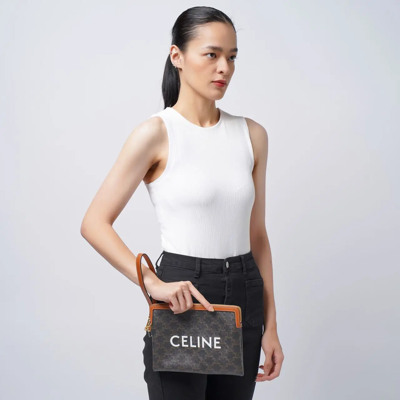 Celine Small Pouch in Triomphe Canvas With Strap Brown