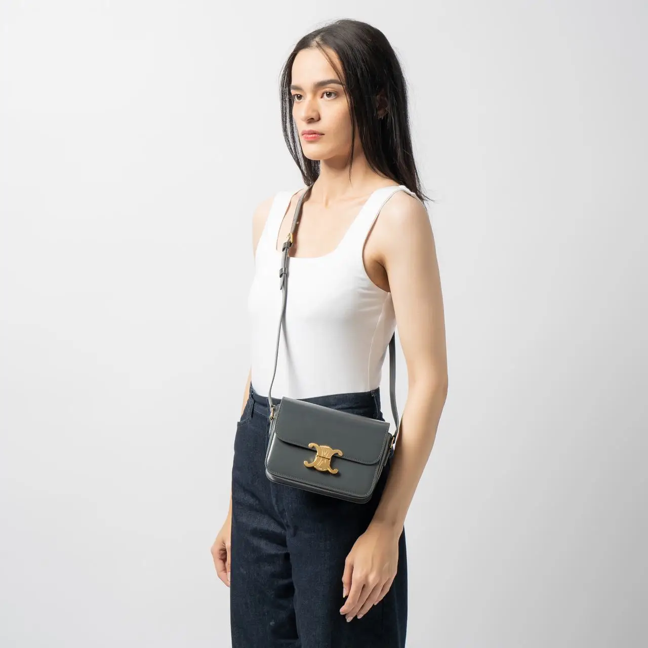 CELINE｜CROSSBAGS (TEEN TRIOMPHE BAG IN SHINY CALFSKIN ( Celine Teen Triomphe Bag in Shiny Calfskin Slate Grey – voilà.id