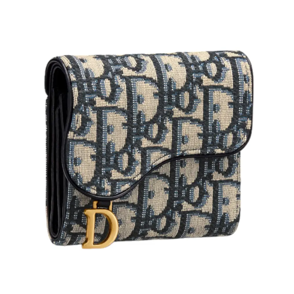 Christian Dior Saddle Lotus Wallet Blue D Oblique Jacquard