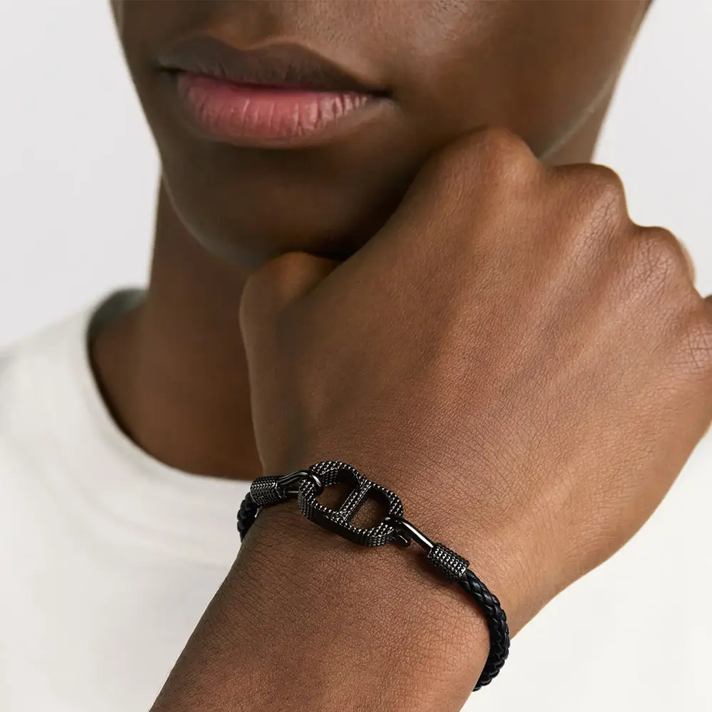Christian Dior CD Icon Braided Leather Bracelet Lambskin Black Rhw