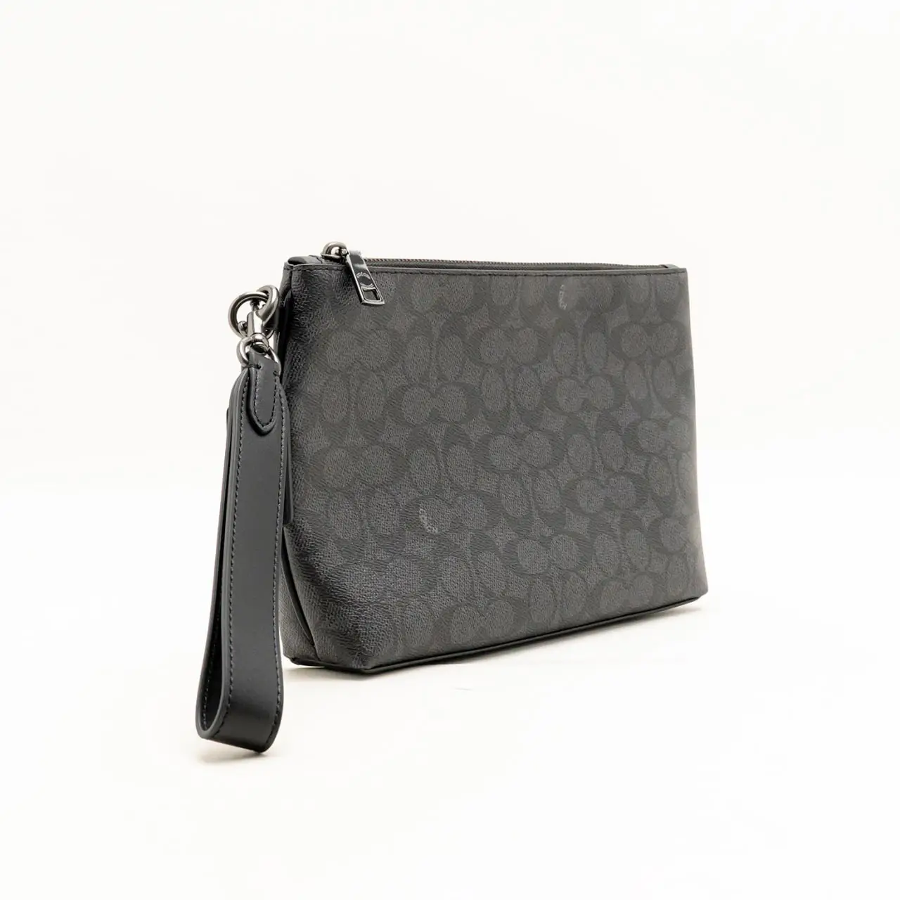 バッグ COACH Accessory pouch signature leather Coach Pouch In Signature Canvas Calf Leather Gunmetal/Charcoal