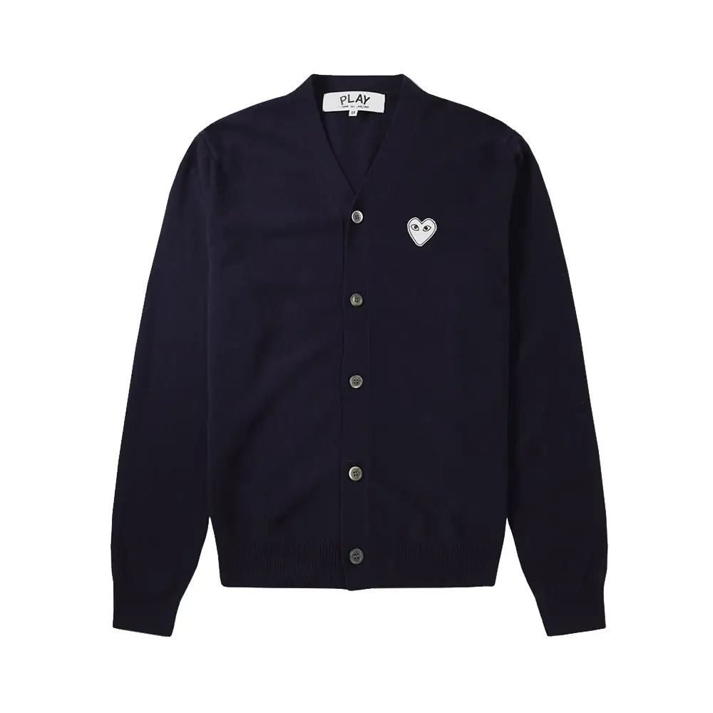 Comme Des Garcons White Heart V-Neck Cardigan Navy – voilà.id