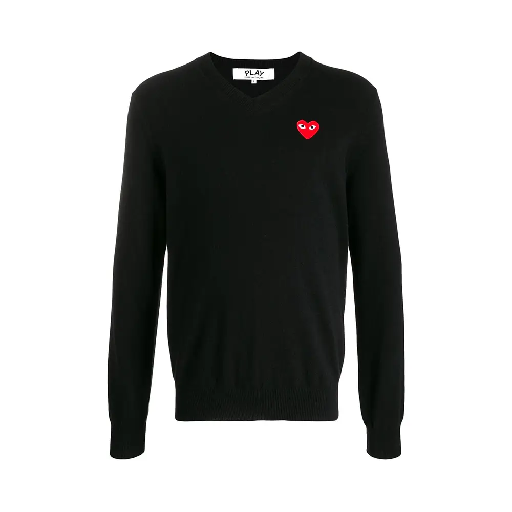 Comme Des Garcons Red Heart Patch V-Neck Pullover Black