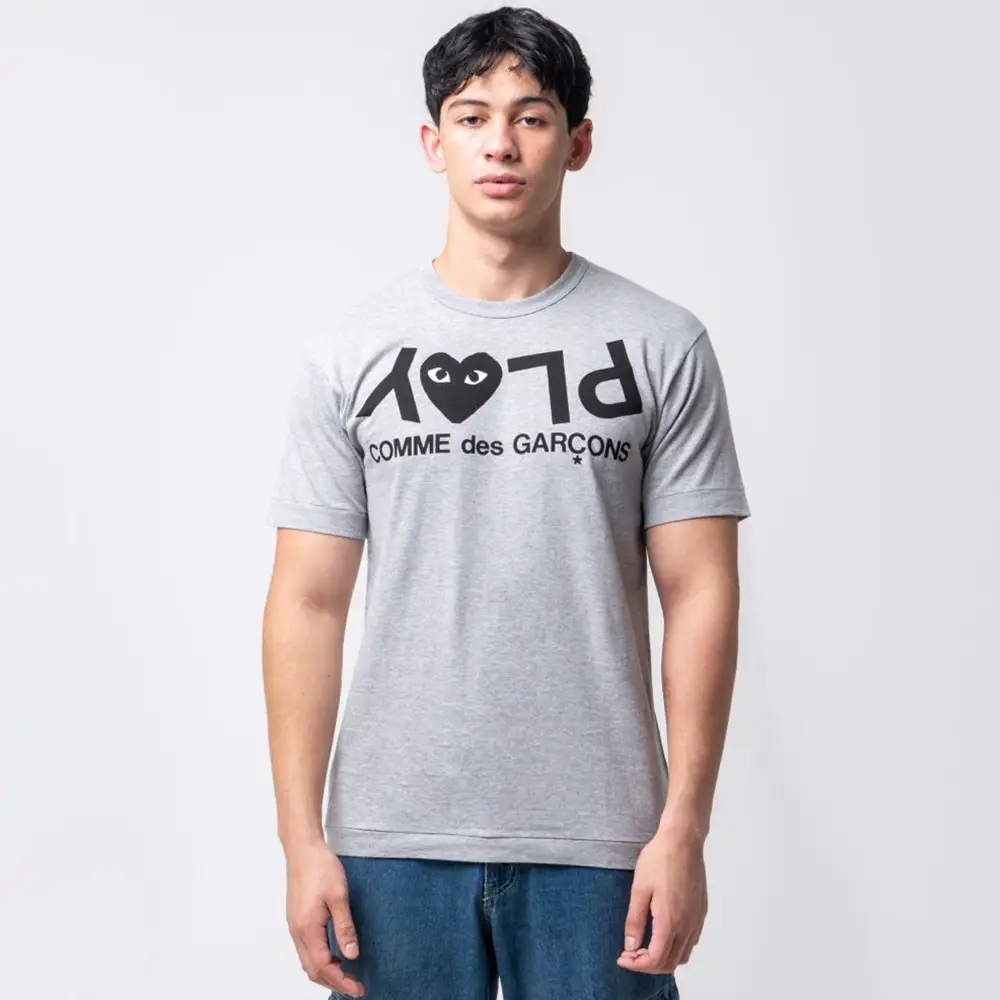 Comme Des Garcons Play Inverted Text Logo T-Shirt Grey Comme Des Garcons Play Inverted Text Logo T-Shirt Grey
