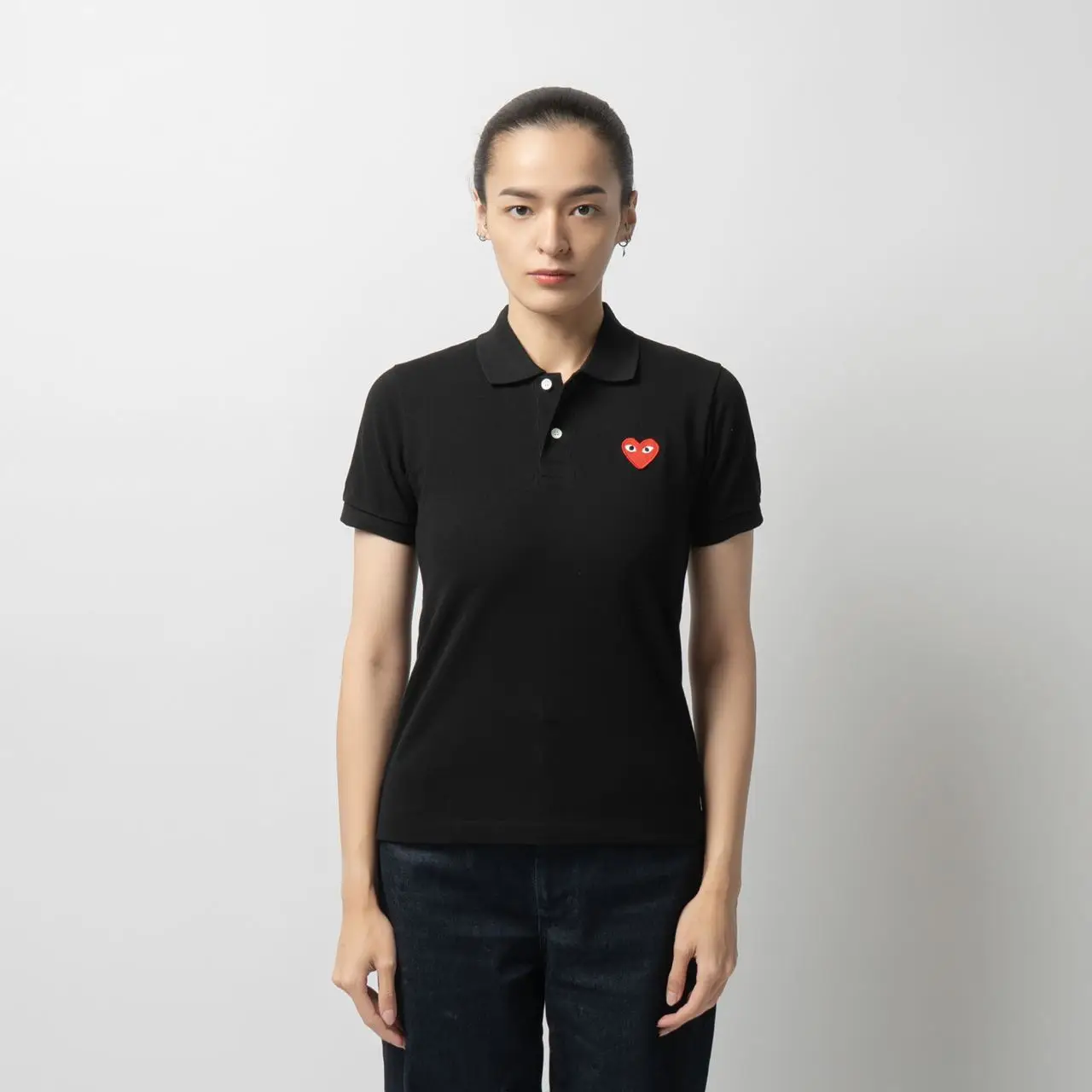Comme Des Garcons Red Heart Patch Polo Shirt Black Women
