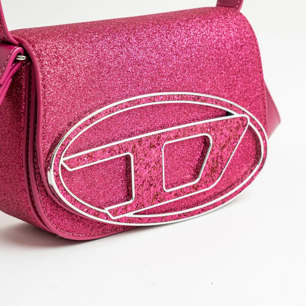 Diesel 1DR Iconic Glitter Fabric Shoulder Bag Hot Pink