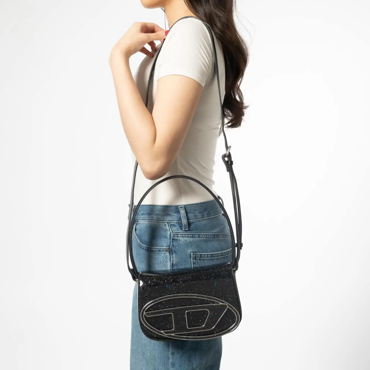 Diesel 1DR Iconic with Macro Glitter Shoulder Bag Black